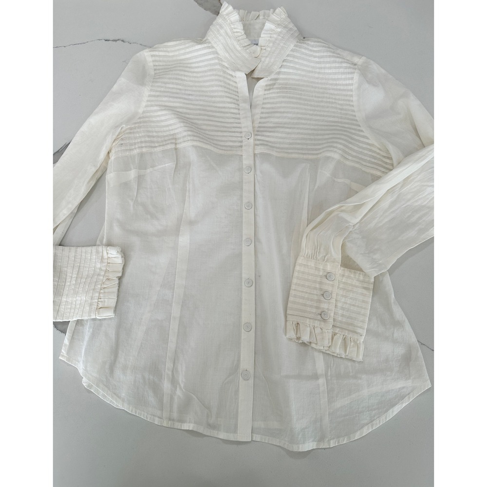 Ann Taylor Loft Cream Pintuck Ruffle Neck Cotton Blouse‎ Size 12 Cream